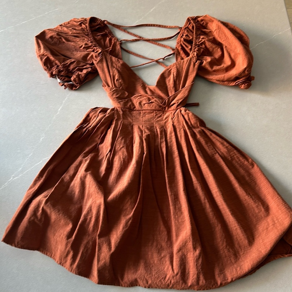 Puff Sleeve Mini Dress | Size Small | Lace-Up Back | Brown/Rust Color